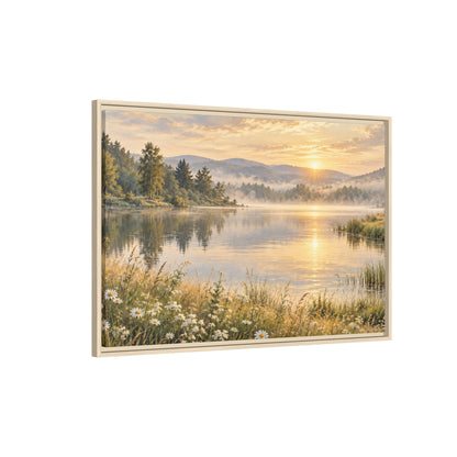 Misty Meadow Lake Wood Framed Canvas, Wildflower Farmhouse Wall Art Print Artwork Decor Small Large Hanging Matte Landscape Square Poster