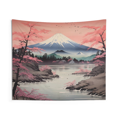 Japanese Tapestry, Mount Fuji Cherry Blossoms Pink Wall Art Hanging Cool Unique Landscape Aesthetic Large Small Bedroom College Dorm Starcove Fashion