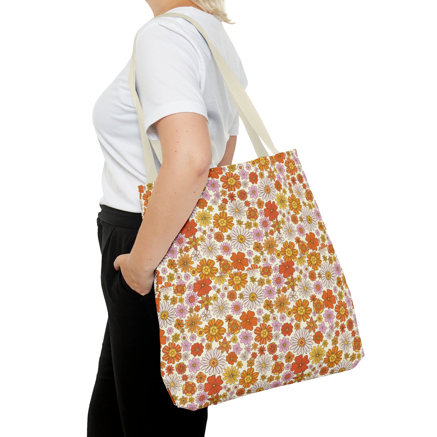 Retro Floral Tote Bag, Vintage Flowers Groovy Orange Cute Canvas Shopping Small Large Travel Reusable Aesthetic Shoulder Bag