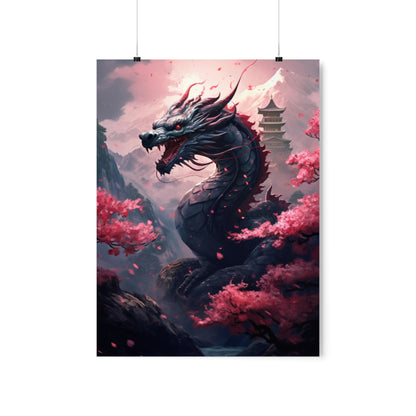 Japanese Dragon Poster Print, Cherry Blossom Picture Photo Wall Image Art Vertical Paper Artwork Small Large Cool Room Office Decor