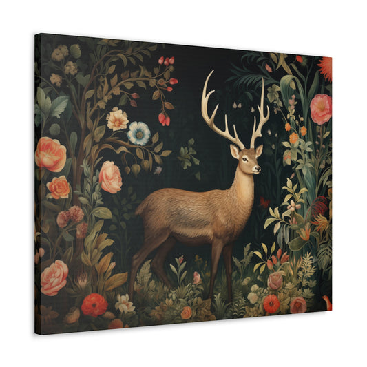 Deer Canvas Gallery Wrap, Forest Floral Flowers Stag Animal Wall Art Print Decor Small Large Hanging Landscape Living Room