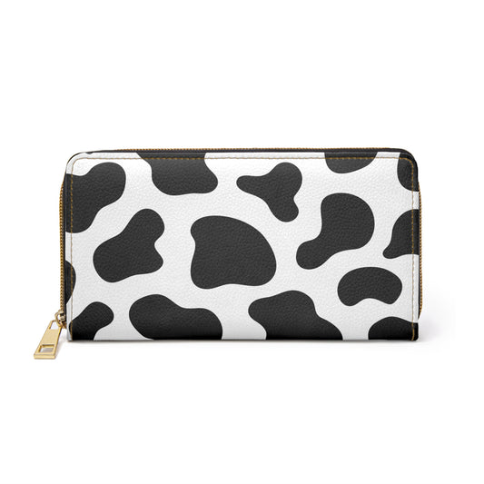 Cow Print Leather Wallet Women, Animal Black White Vegan Zipper Zip Around Coins Credit Cards Pocket Cash Ladies Female Pouch Clutch Purse