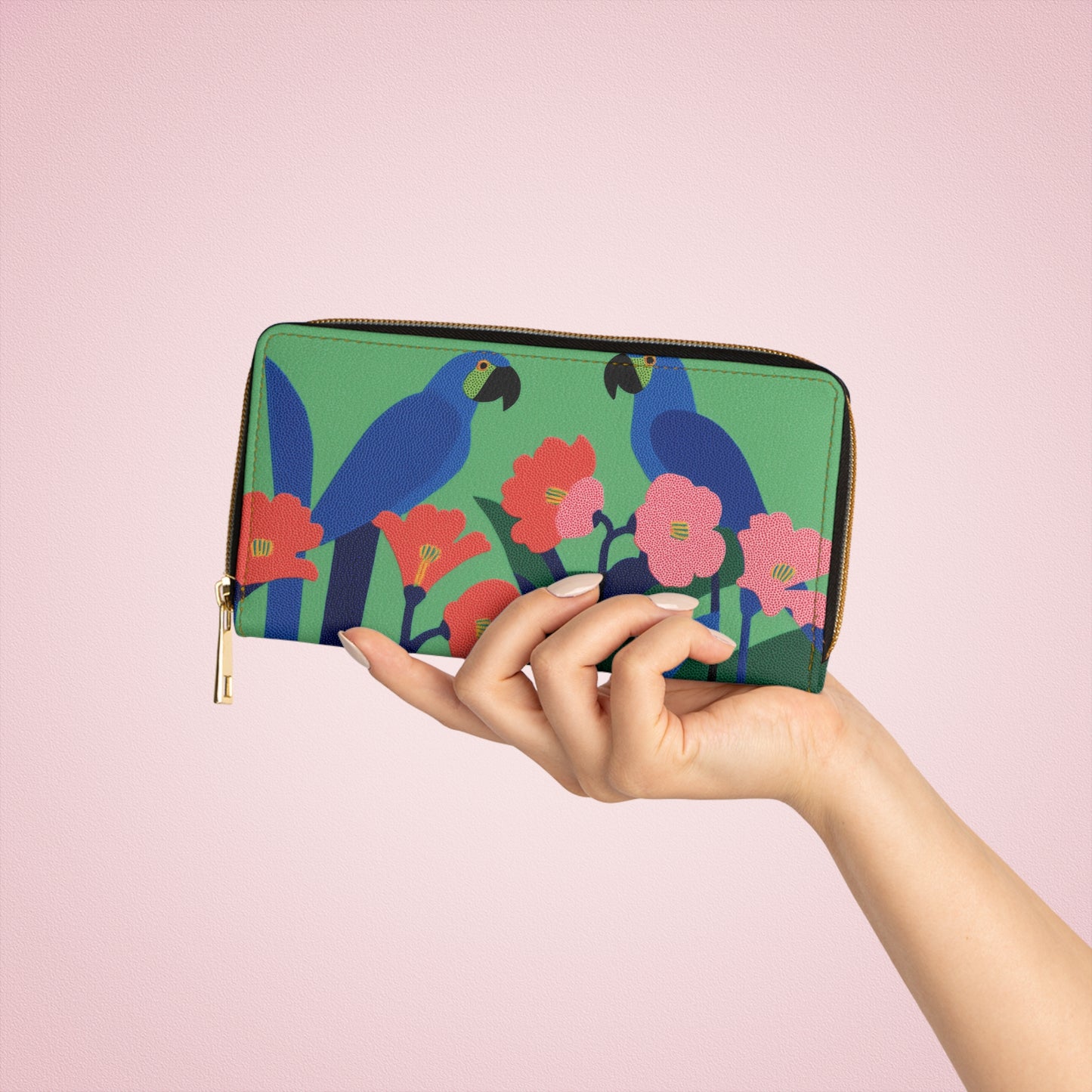Macaw Parrots Leather Wallet Women, Flowers Bird Vegan Zipper Zip Around Coins Credit Cards Pocket Cash Ladies Female Pouch Clutch Purse