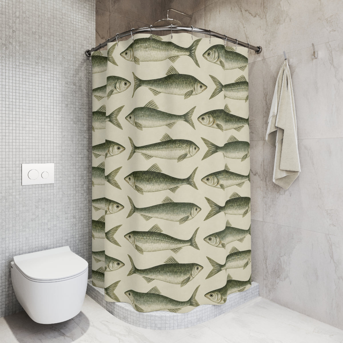 Coastal Scandinavian Fish Shower Curtain, Sage Green Sardine Nautical Ocean Bathroom Decor Waterproof Fabric Housewarming Gift 71" x 74"