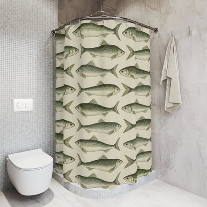 Coastal Scandinavian Fish Shower Curtain, Sage Green Sardine Nautical Ocean Bathroom Decor Waterproof Fabric Housewarming Gift 71" x 74"