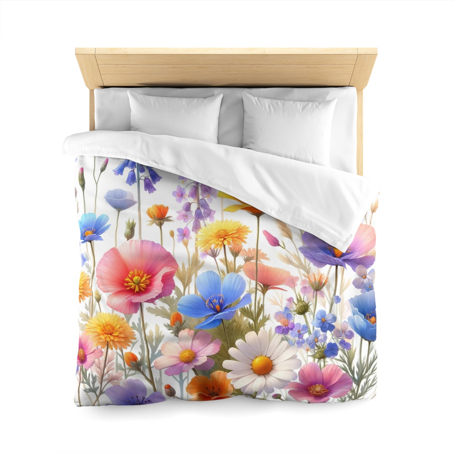 Wildflowers Duvet Cover, Floral Watercolor Pink Blue Bedding Queen King Full Twin XL Microfiber Unique Designer Bed Quilt Bedroom Decor