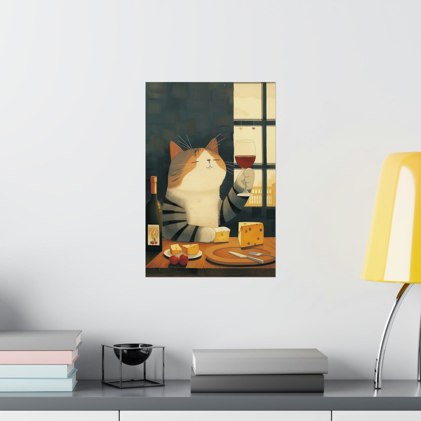 Cat Wine Cheese Poster Print, Funny Drinking Food Kitchen Vintage Retro Wall Art Vertical Paper Artwork Small Large Cool Decor