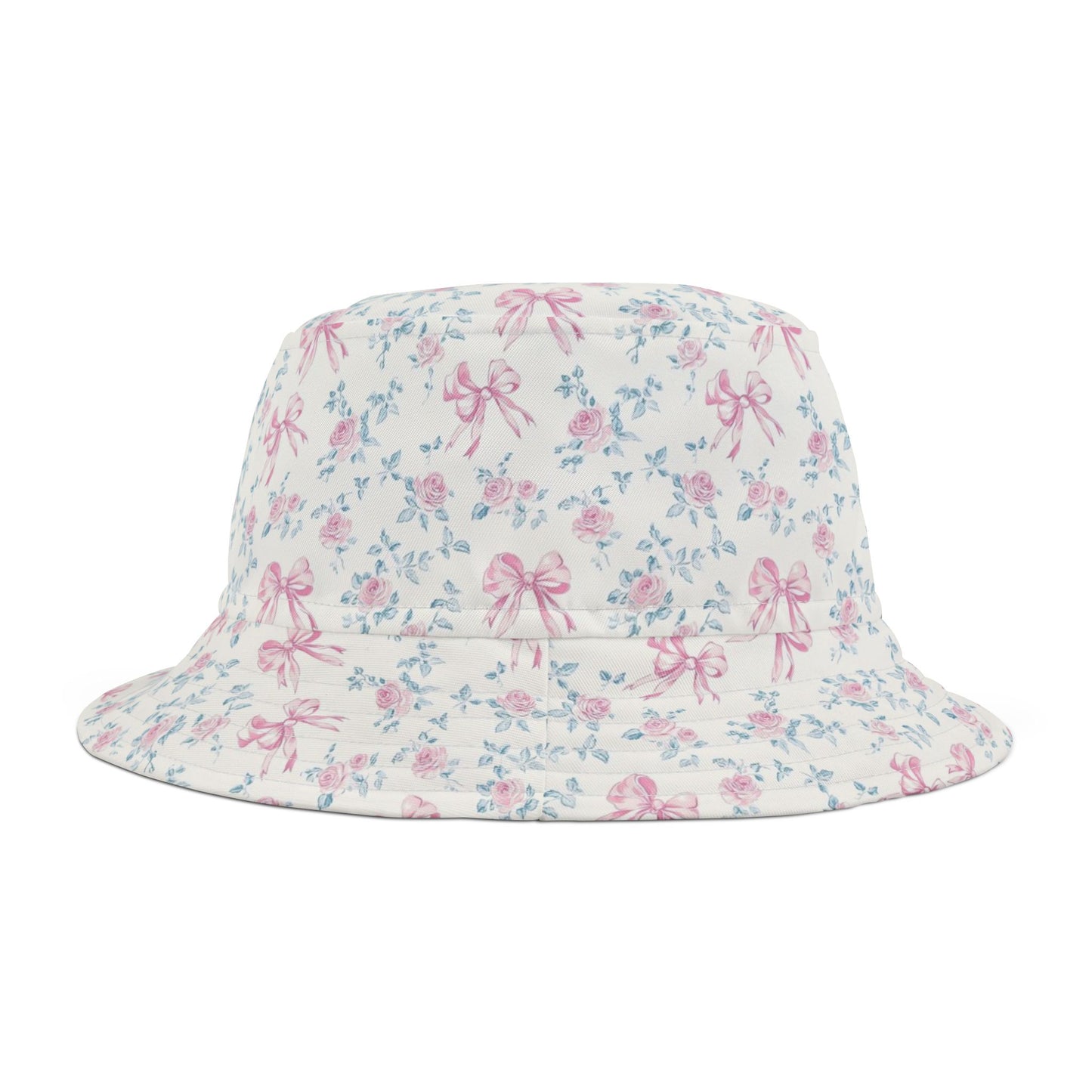 Pink Rose Bows Bucket Cap Hat, White Floral Flowers Print Beach Women Men Golf Summer Festival Cute Designer Sun Shade Ladies Small Large