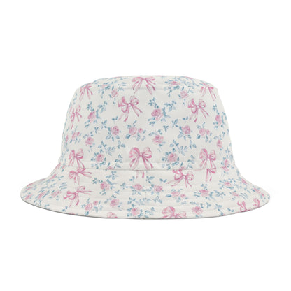 Pink Rose Bows Bucket Cap Hat, White Floral Flowers Print Beach Women Men Golf Summer Festival Cute Designer Sun Shade Ladies Small Large