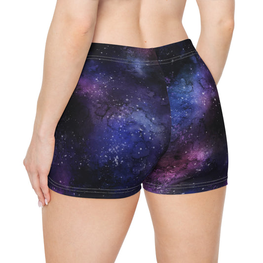 Galaxy Space Women Shorts, Stars Universe Yoga Biker Sport Workout Gym Festival Running Moisture Wicking Ladies Spandex Bottoms Activewear