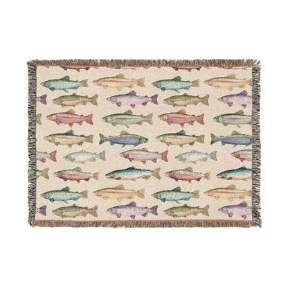 Rainbow Trout Woven Throw Blanket Tapestry, Fishing Lake House Camping Cotton Fringe Warm Adult Kids Small Large Sofa Bed 50x60 Decorative