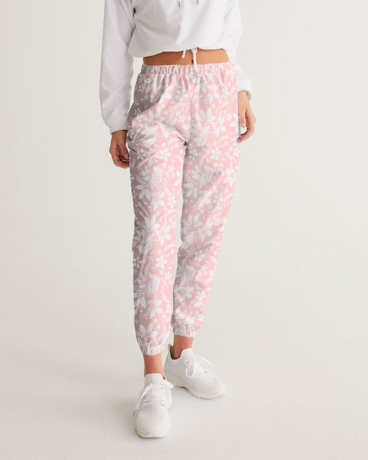 Pink White Floral Women Track Pants, Flowers Female Sports Exercise Zip Pockets Quick Dry Elastic Waist Windbreaker Tracksuit Joggers Ladies