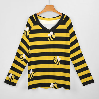 Bee Black Yellow Striped Women Long Sleeve Tshirt loose fit, Bumble Relaxed V-neck Designer Graphic Aesthetic Ladies Female Tee Top Shirt
