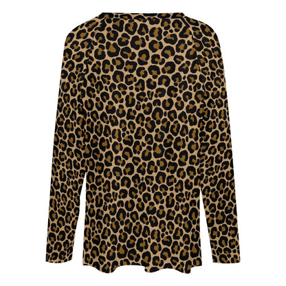 Leopard Women Long Sleeve Tshirt loose fit, Animal Print Brown Cheetah Relaxed V-neck Designer Aesthetic Ladies Female Tee Top Shirt