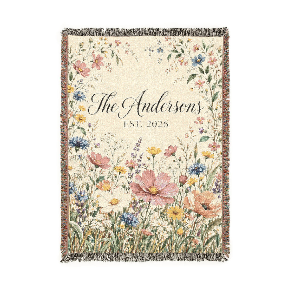 Custom Family Name Woven Blanket Tapestry, Wildflowers Throw Floral Botanical Personalized Wedding Anniversary Engagement Cotton Small Large