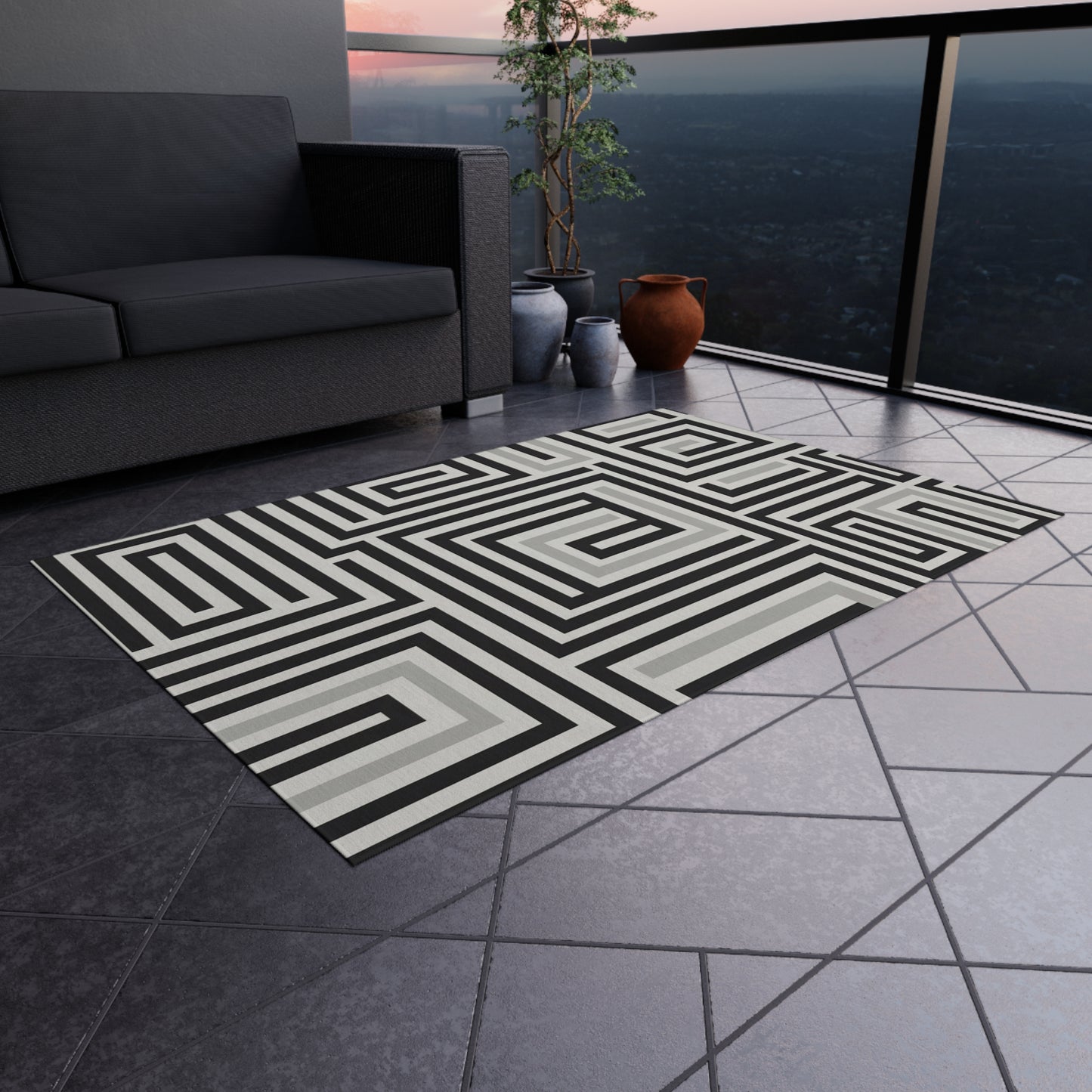 Black White Gray Outdoor Area Rug, Geometric Waterproof Patio Porch Exterior Carpet Home Floor Small Large 2x3 4x6 3x5 5x7 8x10 Camping Mat