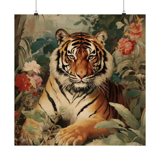 Tiger Poster Print, Retro Vintage Jungle Wall Print Image Art Square Paper Artwork Small Large Cool Room Office Decor