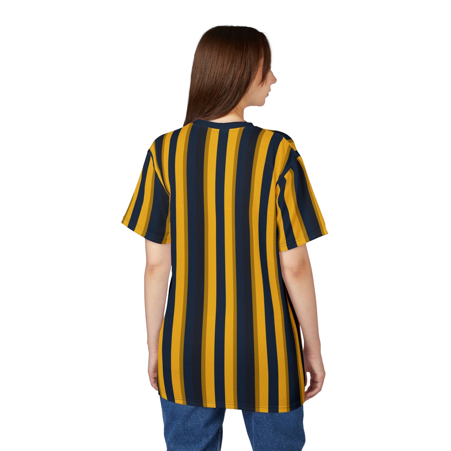 Yellow Blue Striped Tshirt, Vertical Black Stripe Designer Aesthetic Lightweight Heavyweight Crewneck Men Women Tee Top Short Sleeve Shirt