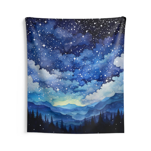Night Sky Watercolor Tapestry, Starry Stars Galaxy Space Blue Wall Art Hanging Cool Vertical Aesthetic Large Small Bedroom College Dorm Room Starcove Fashion