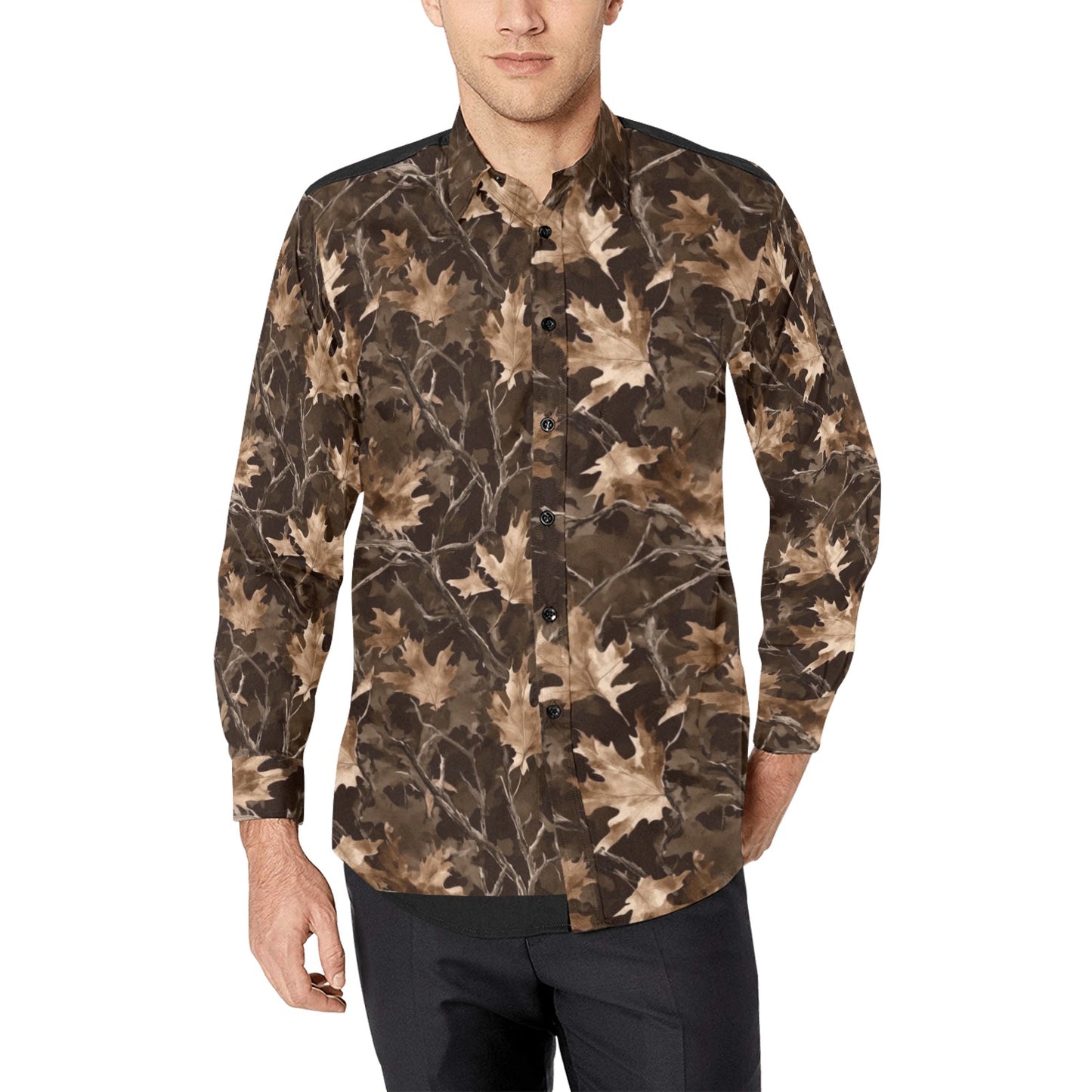 Camo Fall Leaf Men Button Up Shirt, Brown Camouflage Autumn Long Sleeve Print Buttoned Down Collar Male Guys Casual Dress Pocket Collared