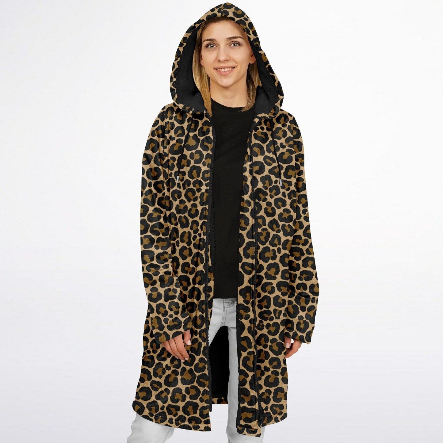 Leopard Hooded Cloak Fleece Jacket, Animal Print Cheetah Zipper Coat Men Women Male Ladies Winter Mink Hooded Parka Wearable Cape Pockets