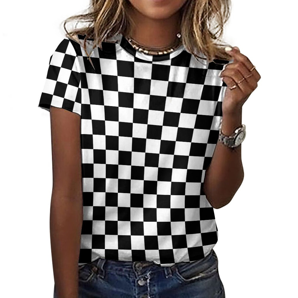 Checkered Women Cotton Tshirt, Black White Check Racing Ladies Female Designer Adult Graphic Aesthetic Fashion Fitted Crewneck Tee Shirt Top