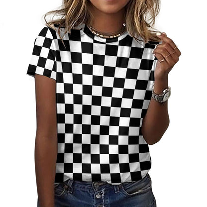 Checkered Women Cotton Tshirt, Black White Check Racing Ladies Female Designer Adult Graphic Aesthetic Fashion Fitted Crewneck Tee Shirt Top