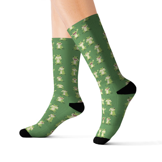 Frog Socks, Poses Green Funny Crew Sublimation Women Men Designer Fun Novelty Cool Funky Crazy Casual Cute Unique Dress