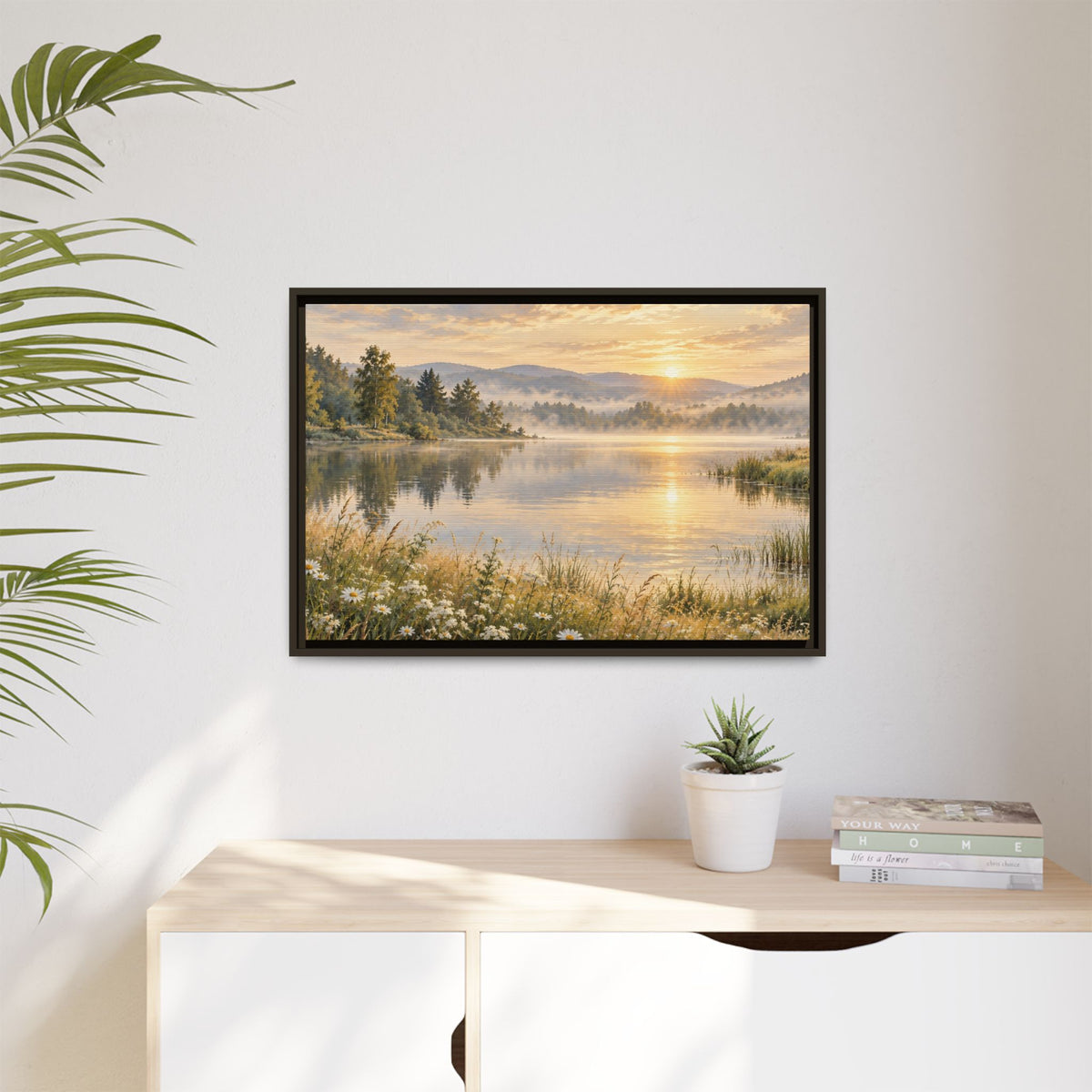 Misty Meadow Lake Wood Framed Canvas, Wildflower Farmhouse Wall Art Print Artwork Decor Small Large Hanging Matte Landscape Square Poster