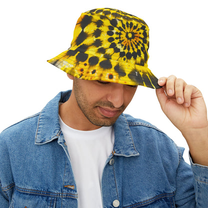 Yellow Tie Dye Bucket Cap Hat, Black Print Beach Women Men Kids Children Golf Summer Festival Cute Designer Sun Shade Ladies Small Large
