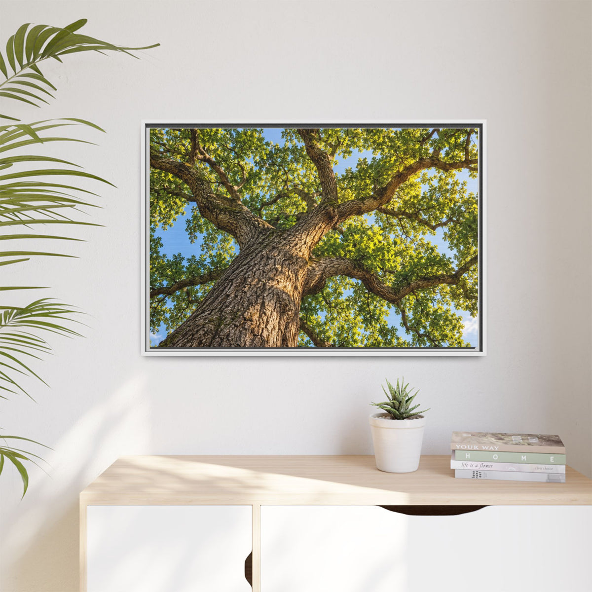 Oak Tree Canopy Canvas Wood Framed, Green Foliage Sunlit Woodland Wall Art Print Artwork Decor Small Large Hanging Matte Modern Landscape