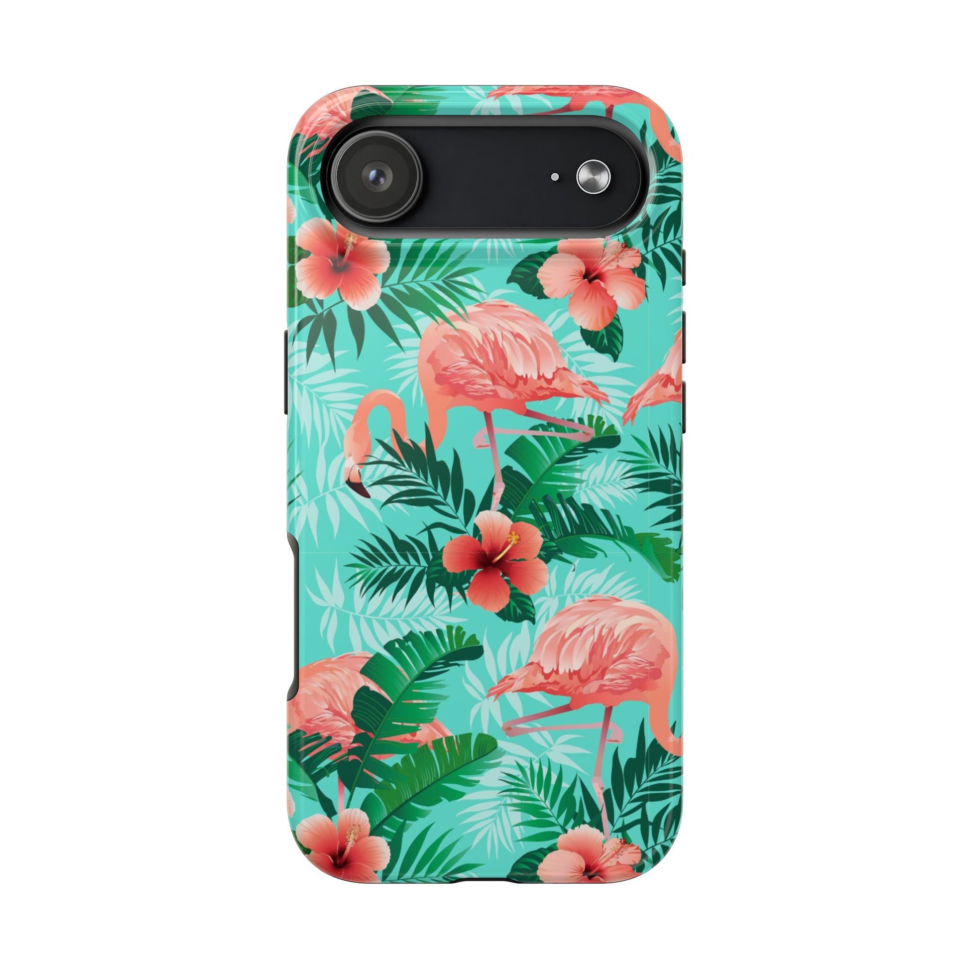 Pink Flamingo iPhone 17 16 15 14 13 12 11 Pro Max Case, Green Tropical Leaf Monstera Print Cute Gift XS XR X 7 Plus 8 Tough Cell Phone - Starcove Fashion
