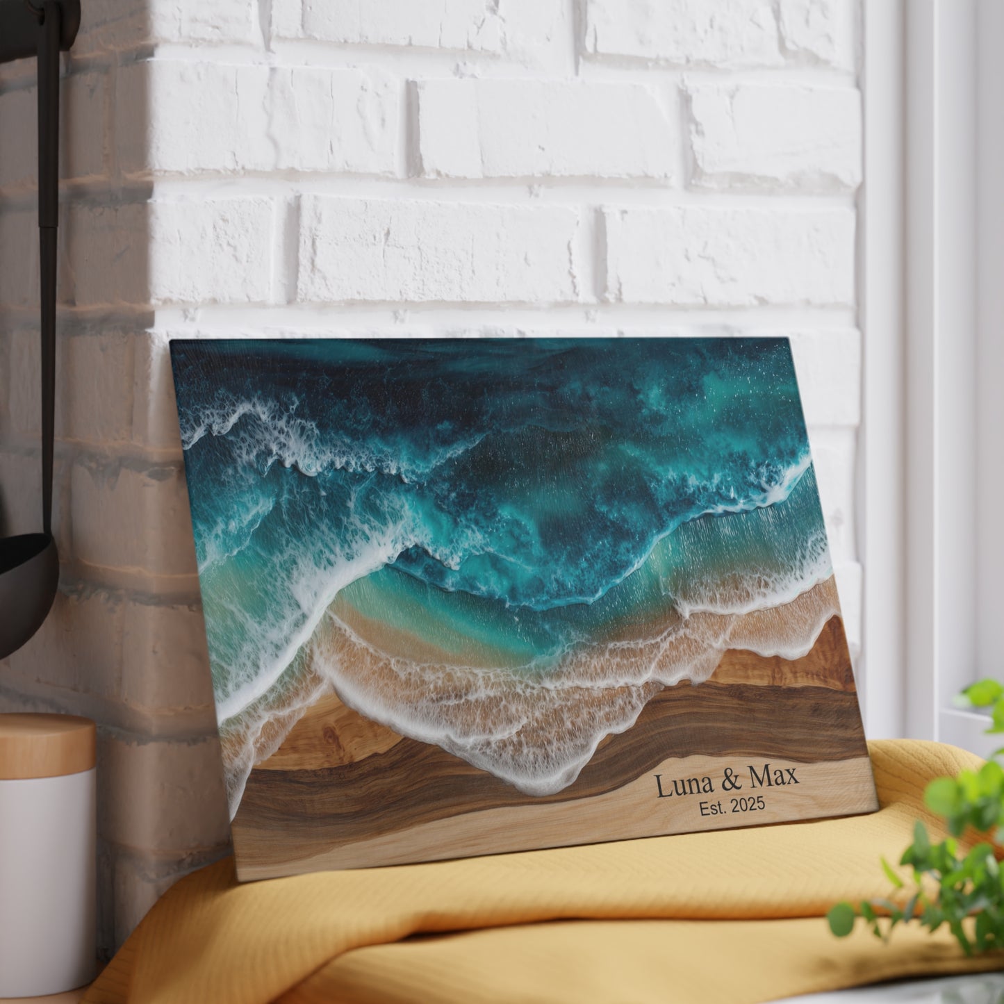 Personalized Glass Cutting Board, Custom Anniversary Coastal Wood Epoxy Charcuterie Chopping Tempered Small Large Kitchen Ocean Couples