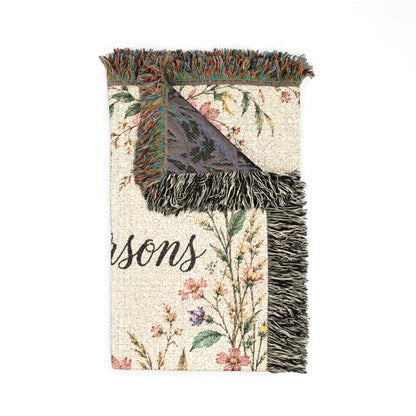Custom Family Name Woven Blanket Tapestry, Wildflowers Throw Floral Botanical Personalized Wedding Anniversary Engagement Cotton Small Large