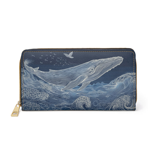 Blue Whale Leather Wallet Women, Ocean Japanese Waves Sea Vegan Zipper Zip Around Coins Credit Cards Pocket Cash Ladies Pouch Clutch Purse