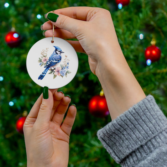 Blue Jay Ceramic Ornaments, Floral Bird Watercolor Xmas Gift for Mom Dad Christmas Wreath Holiday Decor Tree Ribbon Starcove Fashion