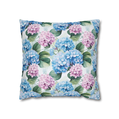 Hydrangea Flowers Pillow Case, Watercolor Floral Art Blue Pink Square Throw Decorative Cover Decor Couch Cushion 20 x 20 Zipper Sofa