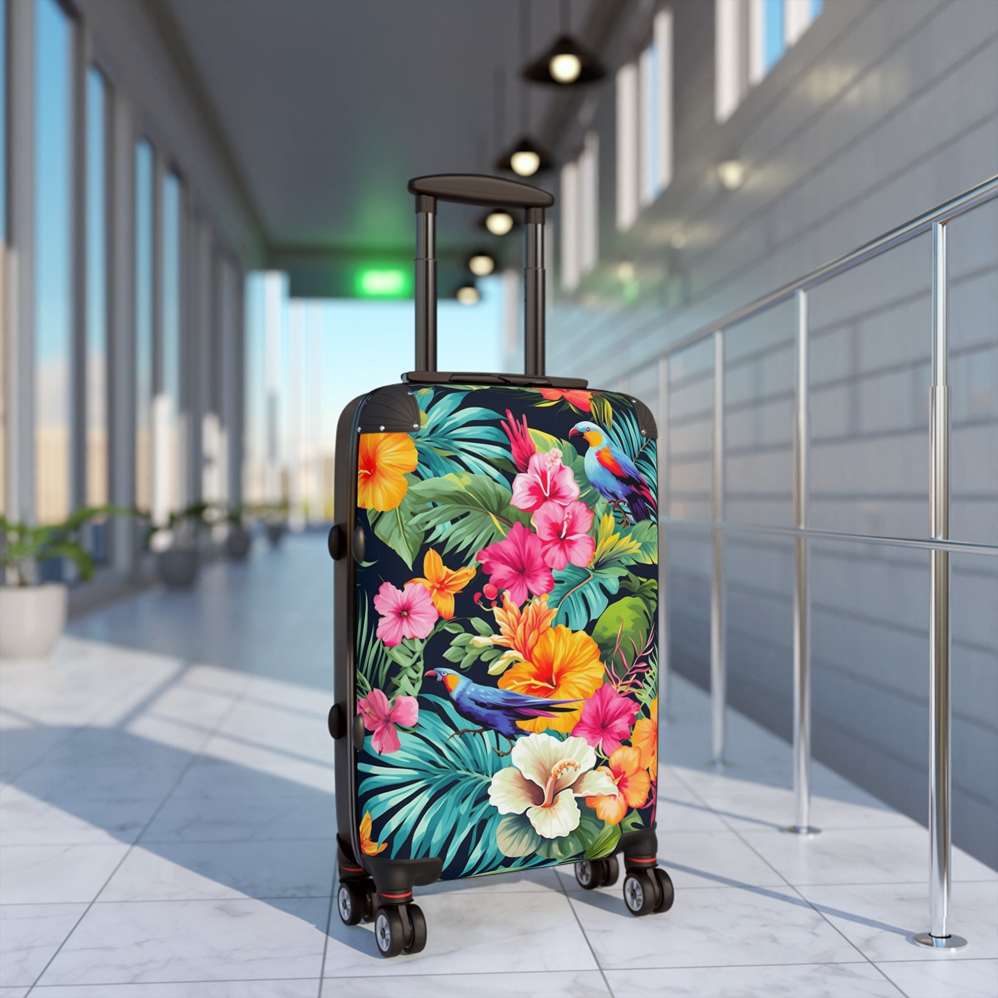 Tropical Flowers Suitcase Luggage, Pink Birds Parrot Carry On 4 Wheels Cabin Travel Small Large Set Rolling Spinner Designer Hard Shell Case - Starcove Fashion