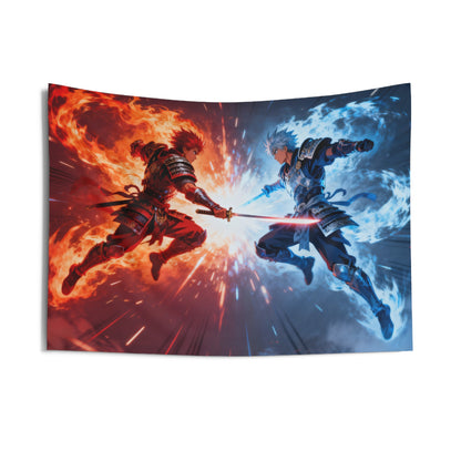 Anime Tapestry, Warriors Fire Ice Battle Wall Art Hanging Cool Unique Landscape Large Small Decor Bedroom College Dorm Room