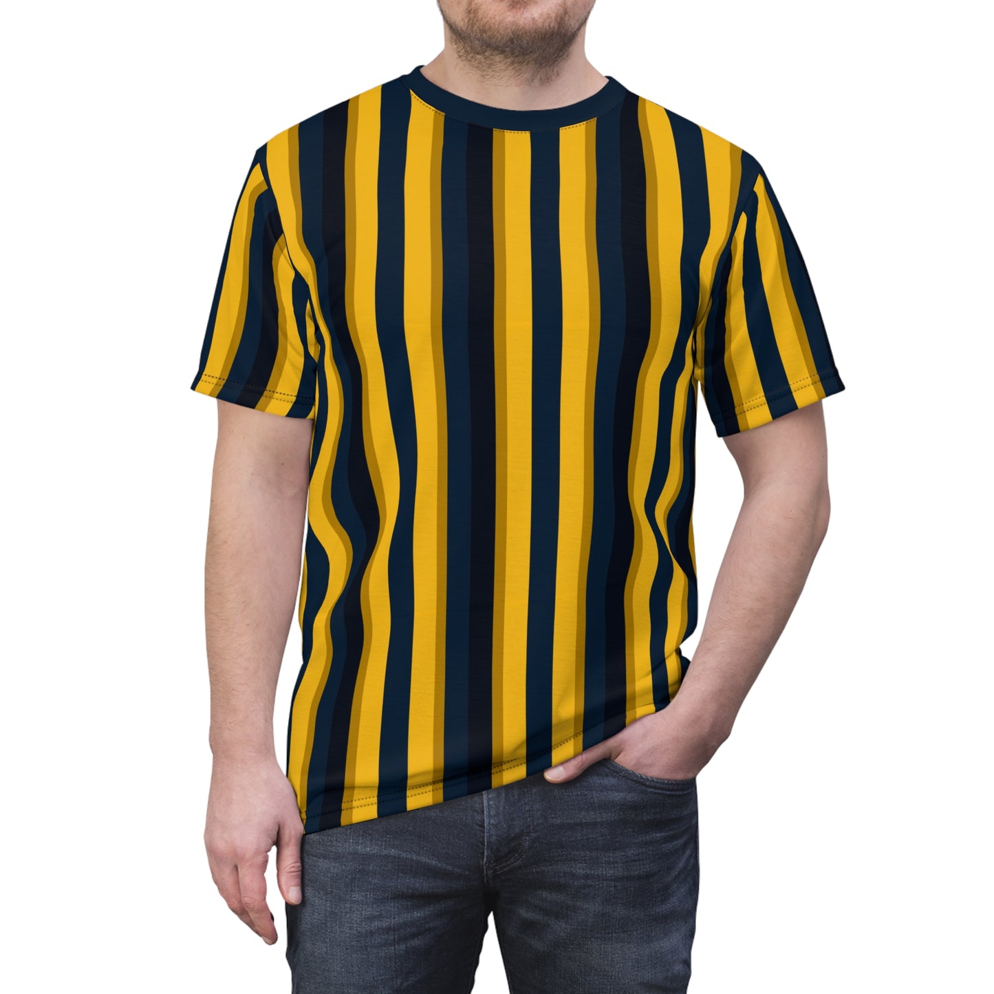 Yellow Blue Striped Tshirt, Vertical Black Stripe Designer Aesthetic Lightweight Heavyweight Crewneck Men Women Tee Top Short Sleeve Shirt