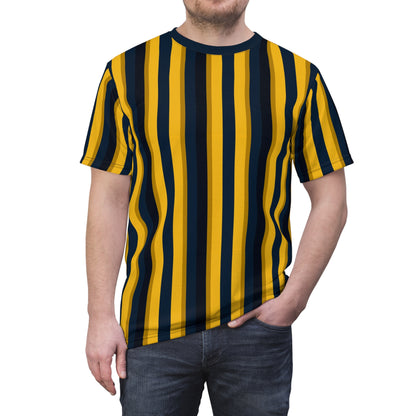 Yellow Blue Striped Tshirt, Vertical Black Stripe Designer Aesthetic Lightweight Heavyweight Crewneck Men Women Tee Top Short Sleeve Shirt