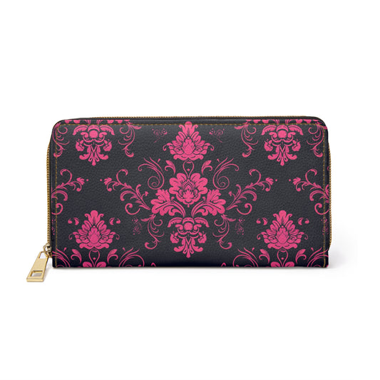 Pink Black Leather Wallet Women, Batik Geometry Vegan Zipper Zip Around Coins Credit Cards Pocket Cash Ladies Pouch Slim Clutch Purse