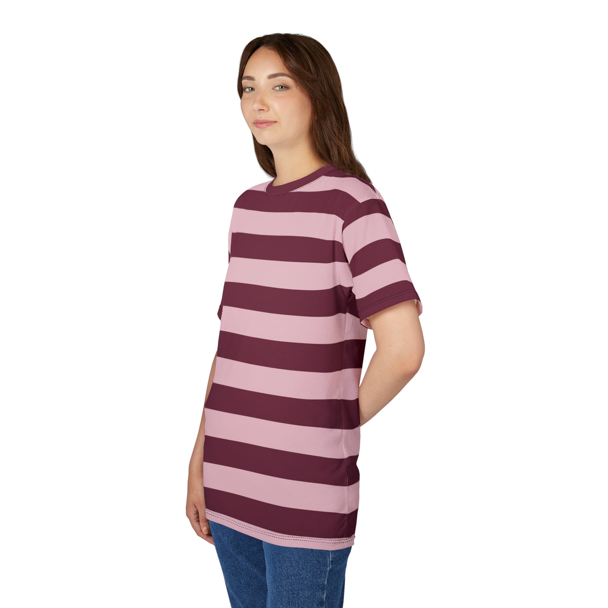 Burgundy Pink Striped Tshirt, Maroon Blush Horizontal Retro Designer Lightweight Heavyweight Crewneck Men Women Tee Top Short Sleeve Shirt