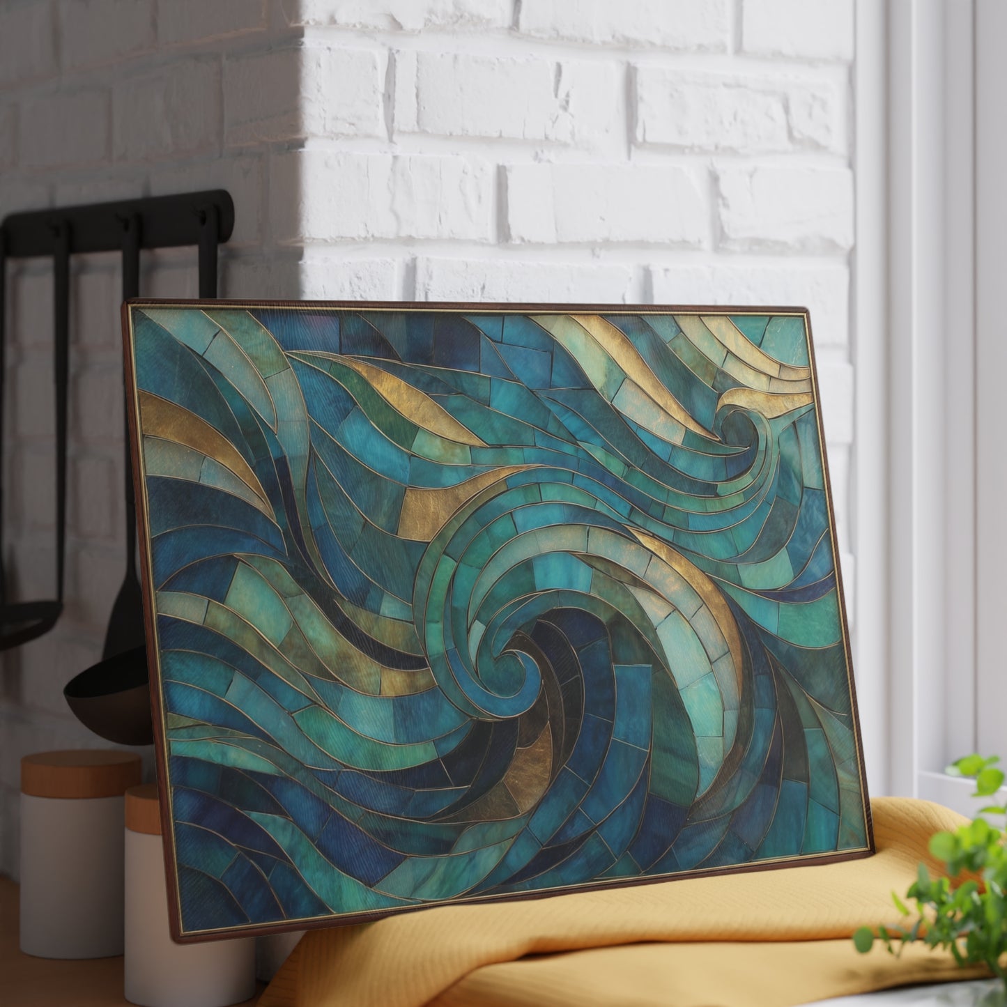 Coastal Stained Glass Cutting Board, Ocean Waves Teal Mosaic Printed Wood Charcuterie Cheese Chopping Tempered Small Large Kitchen