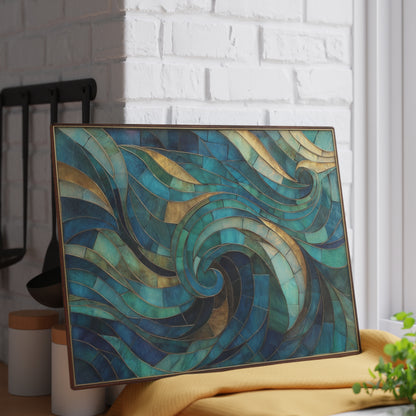 Coastal Stained Glass Cutting Board, Ocean Waves Teal Mosaic Printed Wood Charcuterie Cheese Chopping Tempered Small Large Kitchen