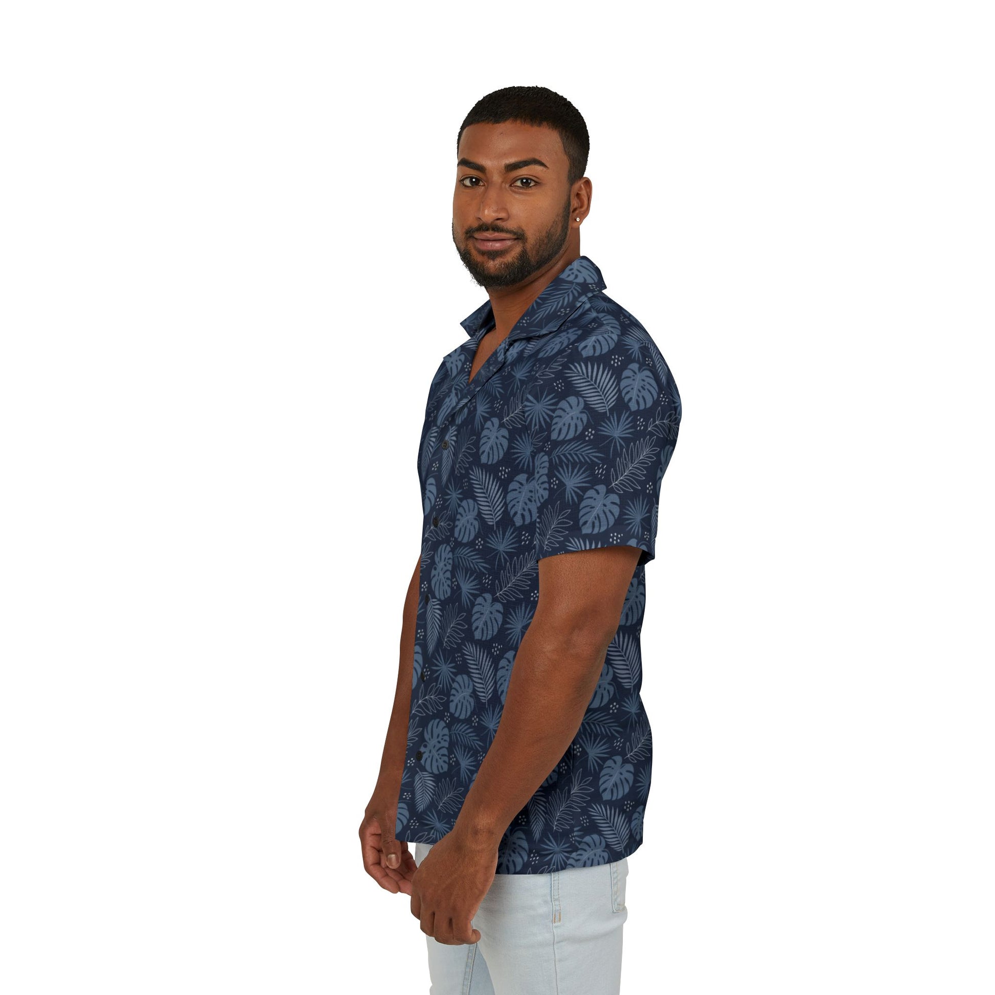 Navy Blue Men Luxury Hawaiian Camp Shirt, Palm Tree Leaf Print Linen Look Summer Hawaii Aloha Tropical Beach Button Up Resort Shirt - Starcove Fashion