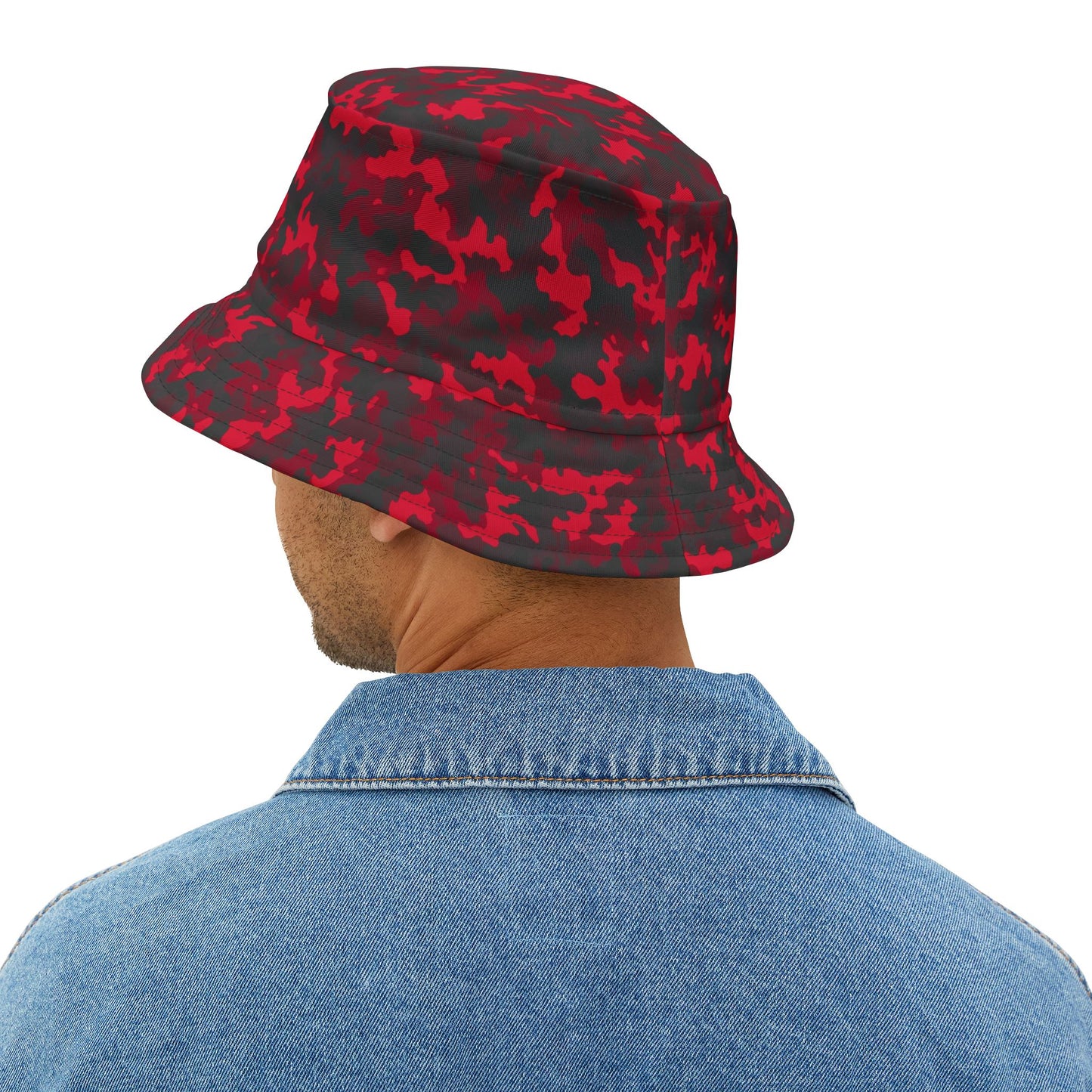 Red Camo Bucket Cap Hat, Black Camouflage Beach Women Men Kids Golf Summer Festival Cute Designer Sun Shade Ladies Small Large Guys