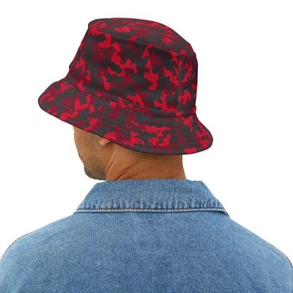 Red Camo Bucket Cap Hat, Black Camouflage Beach Women Men Kids Golf Summer Festival Cute Designer Sun Shade Ladies Small Large Guys