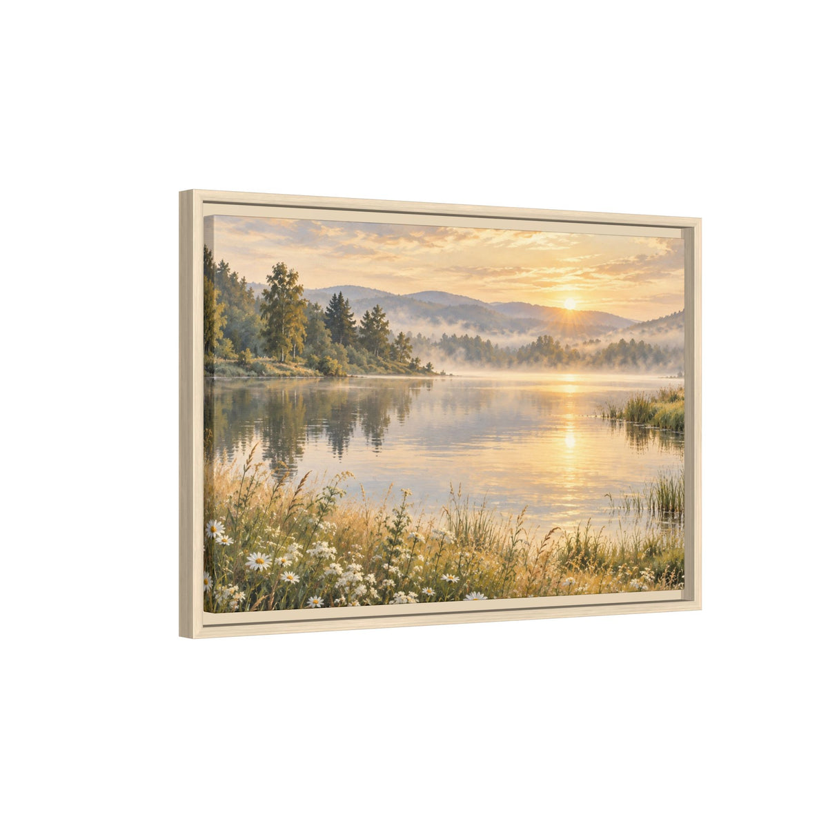 Misty Meadow Lake Wood Framed Canvas, Wildflower Farmhouse Wall Art Print Artwork Decor Small Large Hanging Matte Landscape Square Poster