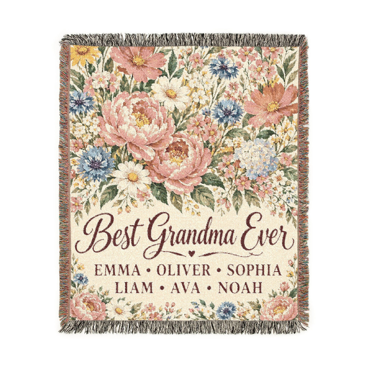 Personalized Grandmother Woven Blanket Tapestry, Grandma Nana Floral Throw Custom Kids Names Mimi First Time Cotton Small Large Wall Hanging
